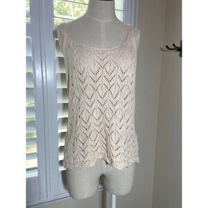Boho Cream Knit Sleeveless Tank Top XL Crochet Scallop Trim Coastal Festival